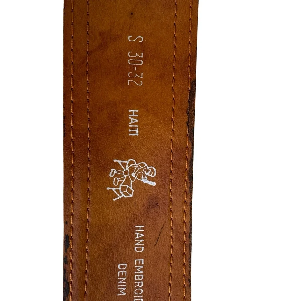 Swank Vintage Brown Leather Hand Embroidered Denim Belt Haiti Boho Western 30-32
